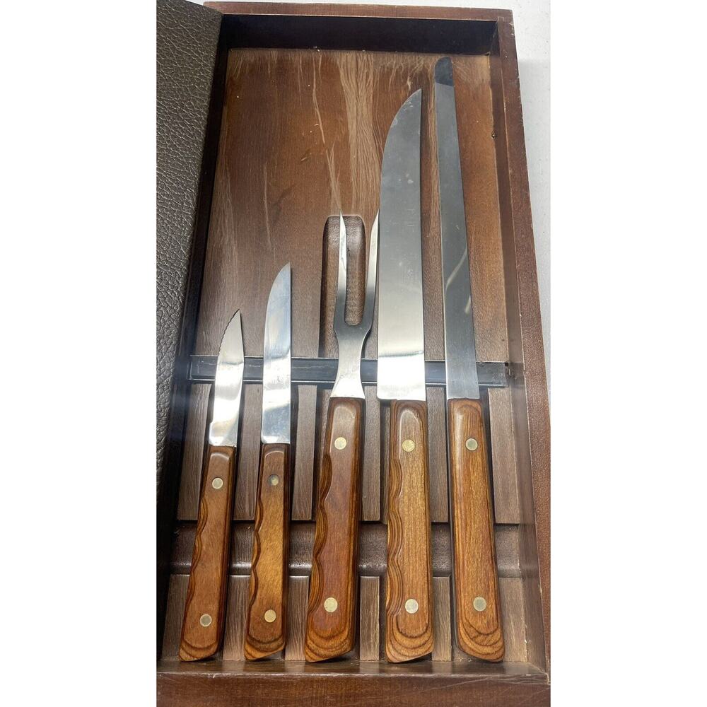 Vintage Carriage House Stainless Steel 5 Piece Knife Set W/ Wooden storage Case